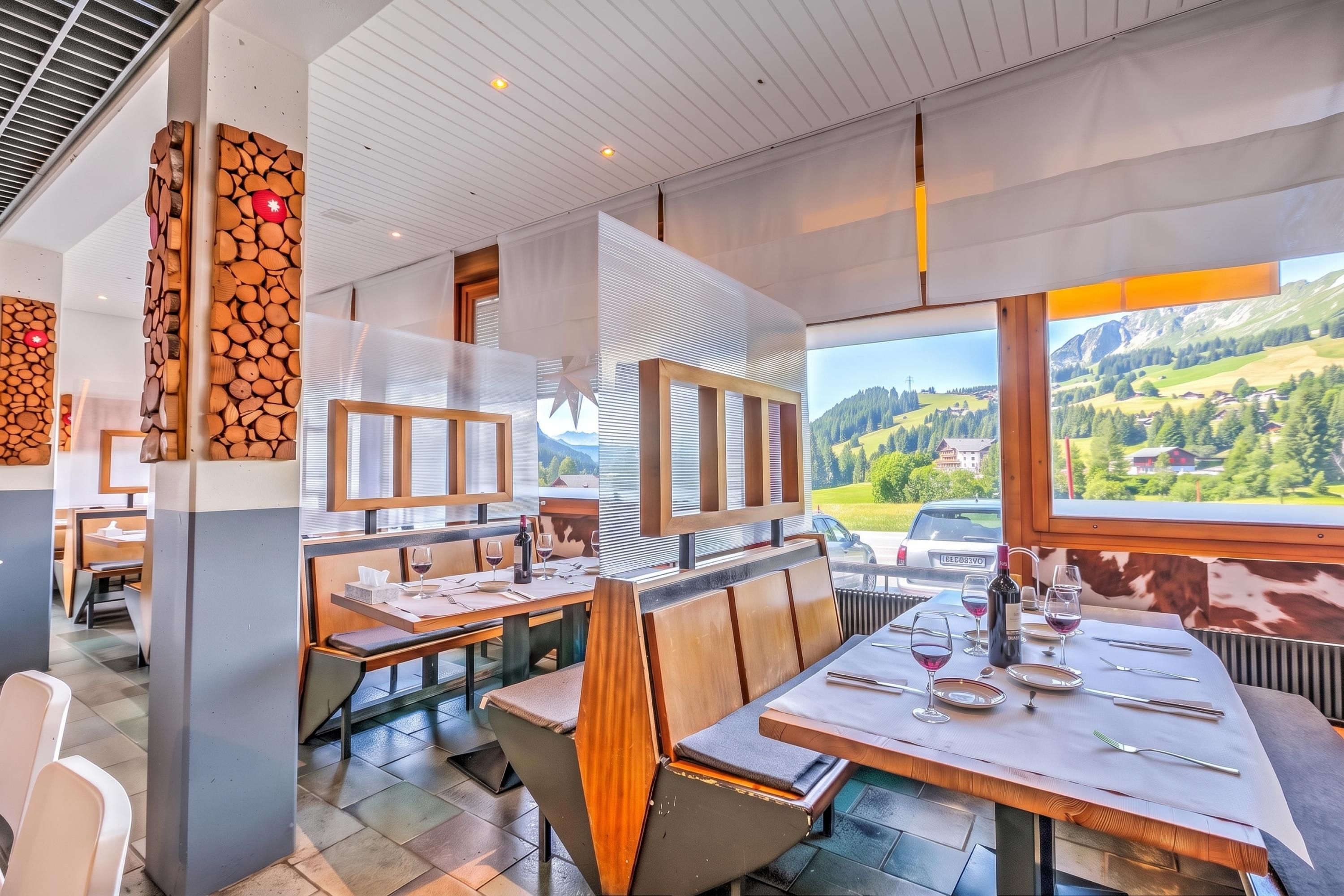 Un restaurante con detalles de madera en las paredes, mesas dispuestas para comer y vistas a un paisaje montañoso.