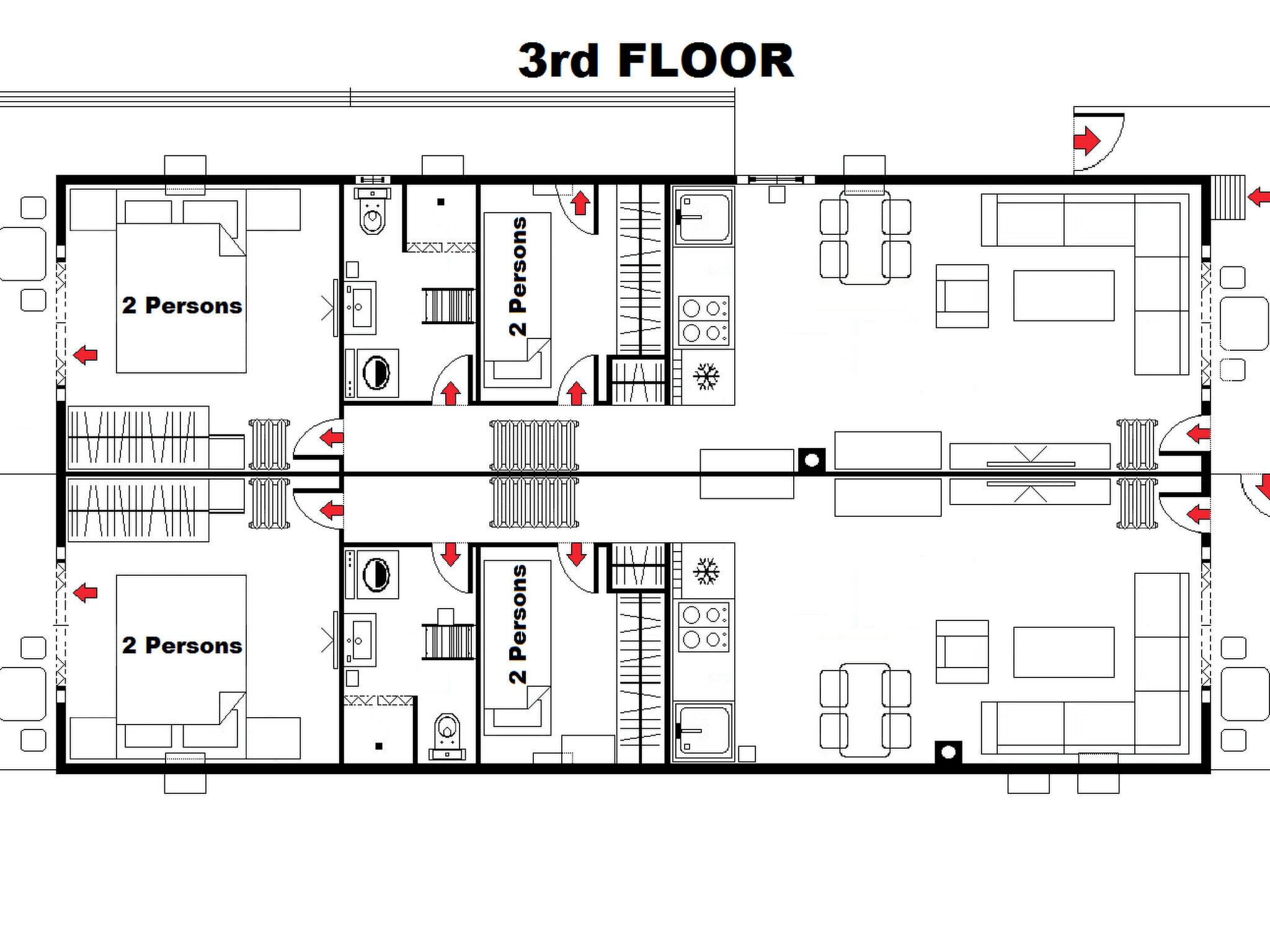 Plano de planta del tercer piso con habitaciones para dos personas, un pasillo central y un comedor.