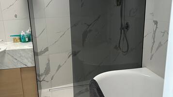 Hair dryer, towels, soap, toilet paper