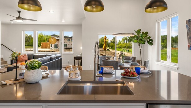 A modern kitchen with a large island, stainless steel appliances, and pendant lighting. - Farmland Flat - Bozeman (Bozeman)