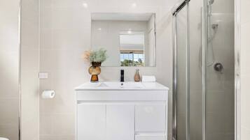 Shower, hair dryer, towels, shampoo