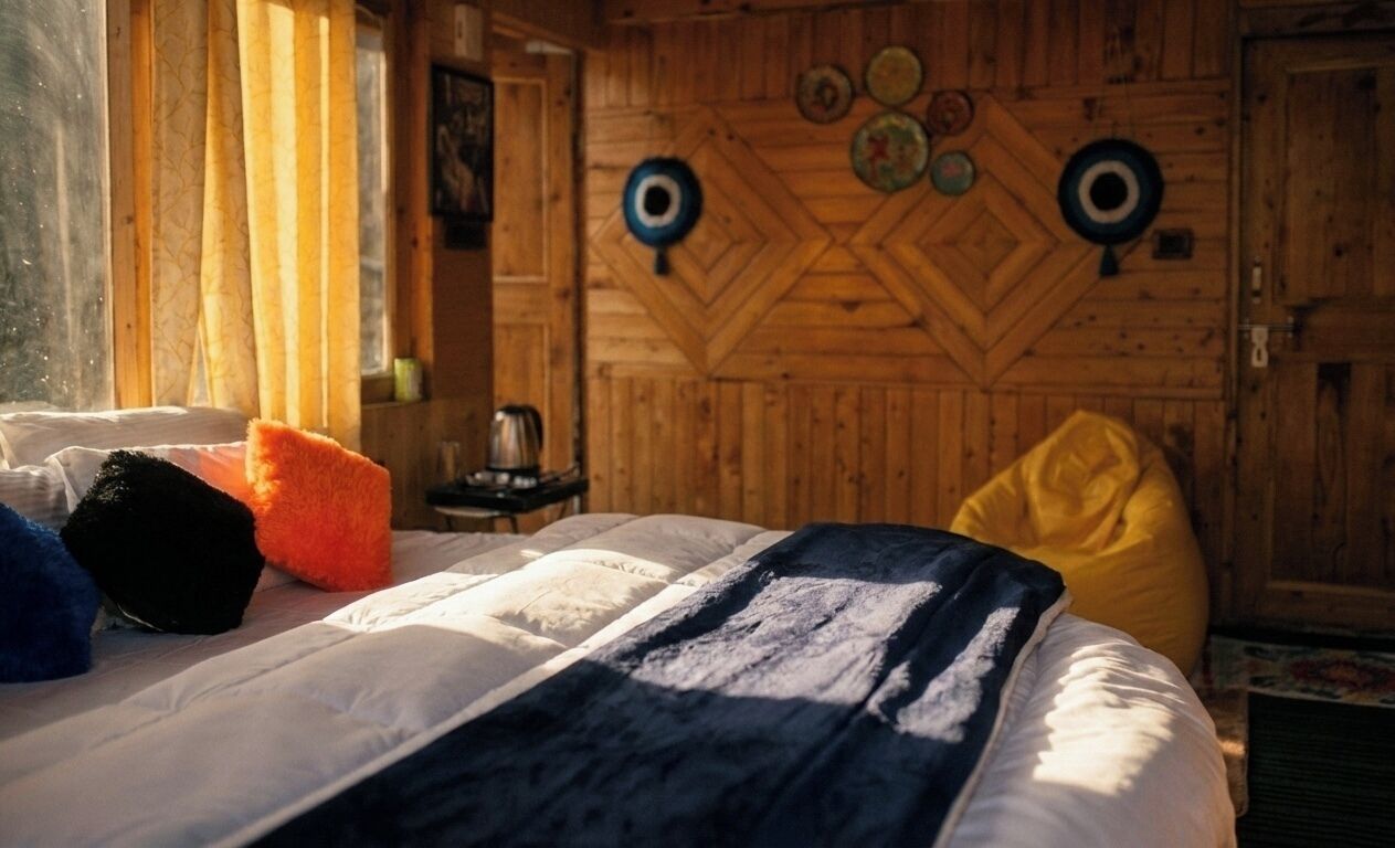 Ein Zimmer aus Holz mit einem Bett, Kissen und einer Wand mit Rundornamenten.