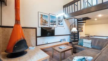 TV connectée, cheminée, jeux vidéo, lecteur de DVD