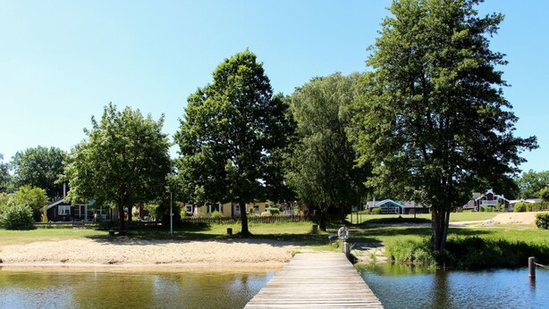 Een houten steiger die zich uitstrekt over een kalm wateroppervlak, omgeven door weelderige begroeiing en woongebouwen.