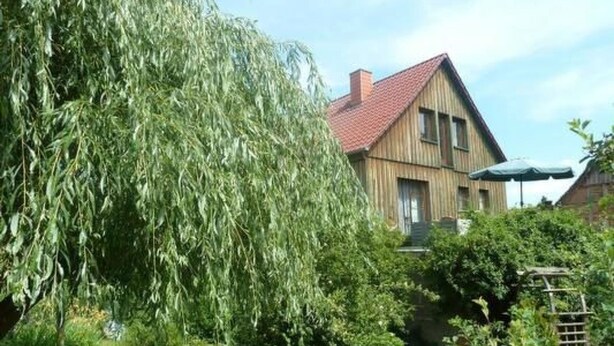Een houten huis met een rood dak, omgeven door weelderige begroeiing en een grote treurwilg.