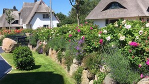 A garden with a pathway, thatched-roof houses, and various plants. - Reetdachhaus am Wasser mit Sauna, Außenwhirlpool by Interhome (Bodstedt)