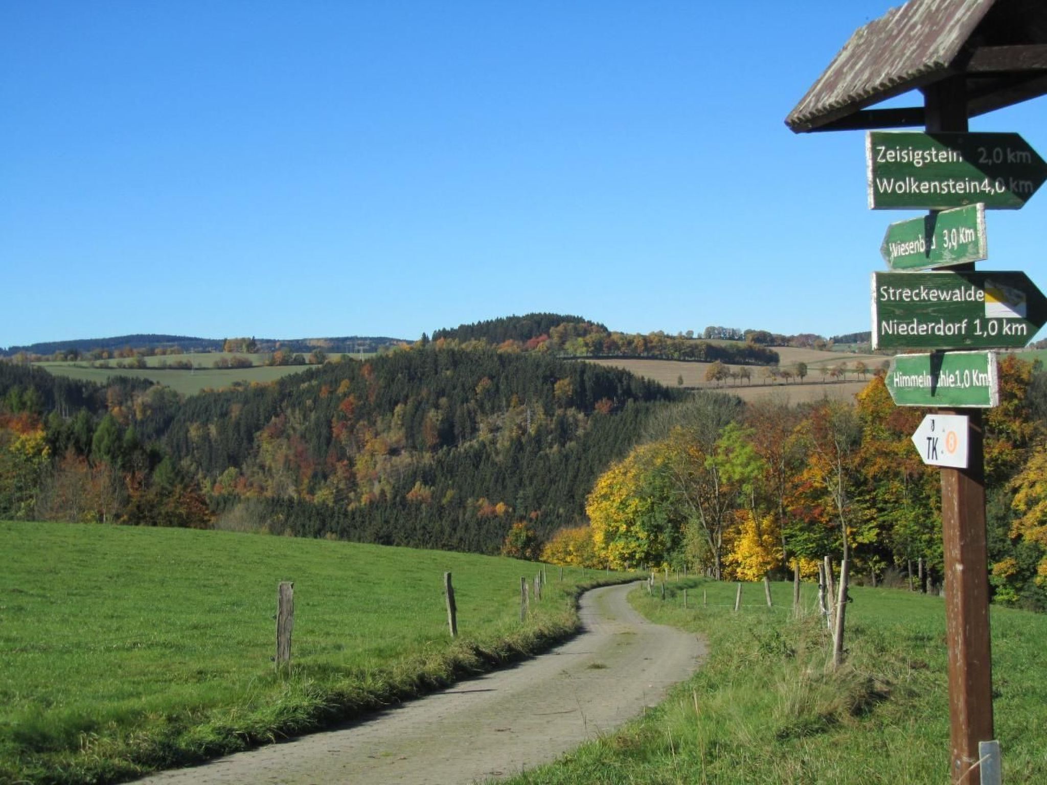A rural landscape with a dirt path leading through a field, surrounded by trees with autumn foliage. A directional signpost is visible, indicating distances to various destinations.