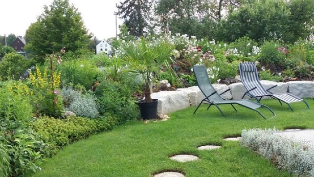 Un jardín con césped, un sendero y dos sillones de descanso.