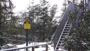 Un pont en bois, doté d’une rambarde métallique et d’un panneau indicateur, se trouve dans une forêt enneigée.