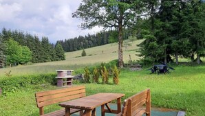 Un coin pique-nique aménagé avec des bancs en bois et une table, installé sur une pelouse, avec en arrière-plan des arbres et des collines.