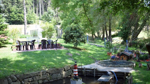 Un jardin paisible avec un étang, un mur de pierres et un petit pont.