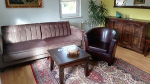 Un salon avec un canapé marron, une table basse en bois, un fauteuil foncé, un tapis à motifs, un meuble en bois et un grand miroir.