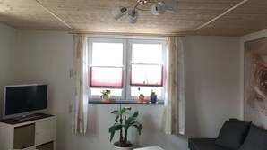 Une pièce avec un plafond en bois, un téléviseur posé sur un meuble, un canapé, une table sur laquelle se trouve un tableau, et deux fenêtres avec des rideaux.