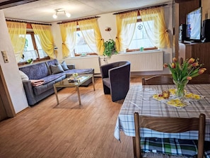 Ein gemütlicher Wohnbereich mit einer Couch, einem Couchtisch, einem Esstisch mit Unterlage und einem Fernseher auf einem Standfuß.