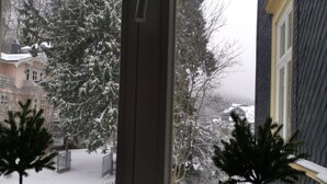 Blick durch ein Fenster auf schneebedeckte Bäume und ein Gebäude im Hintergrund.