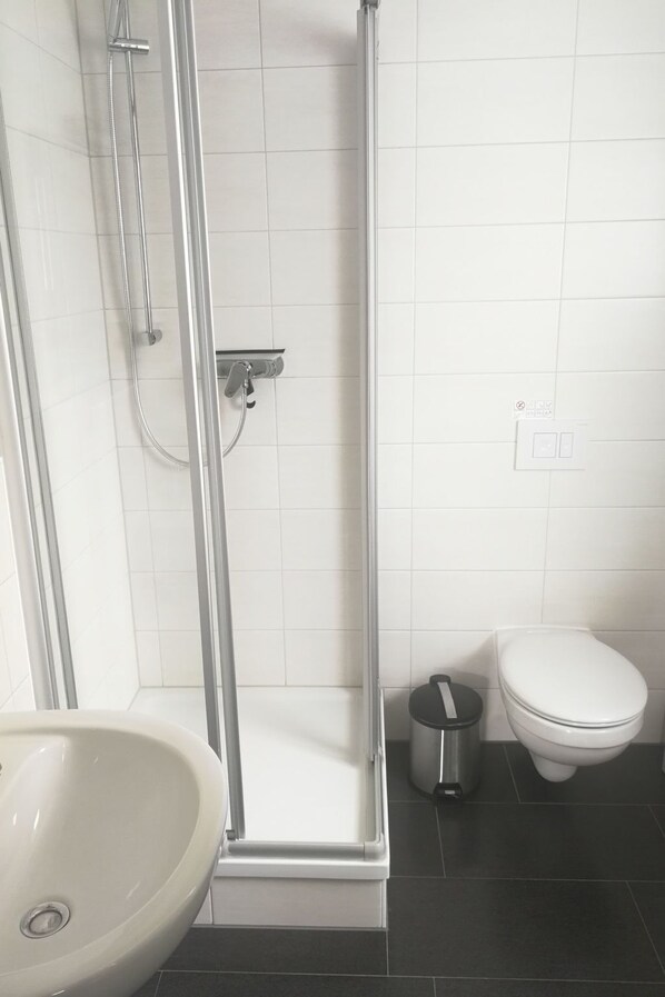 A bathroom with a glass-enclosed shower, a white sink, and a toilet.