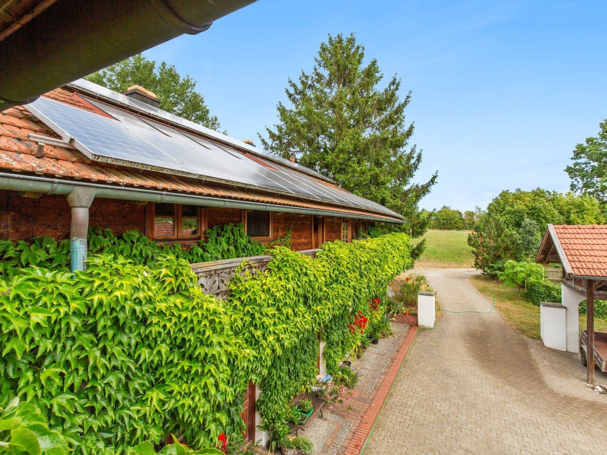 A row of cabins with solar panels, surrounded by lush greenery and a clear sky.