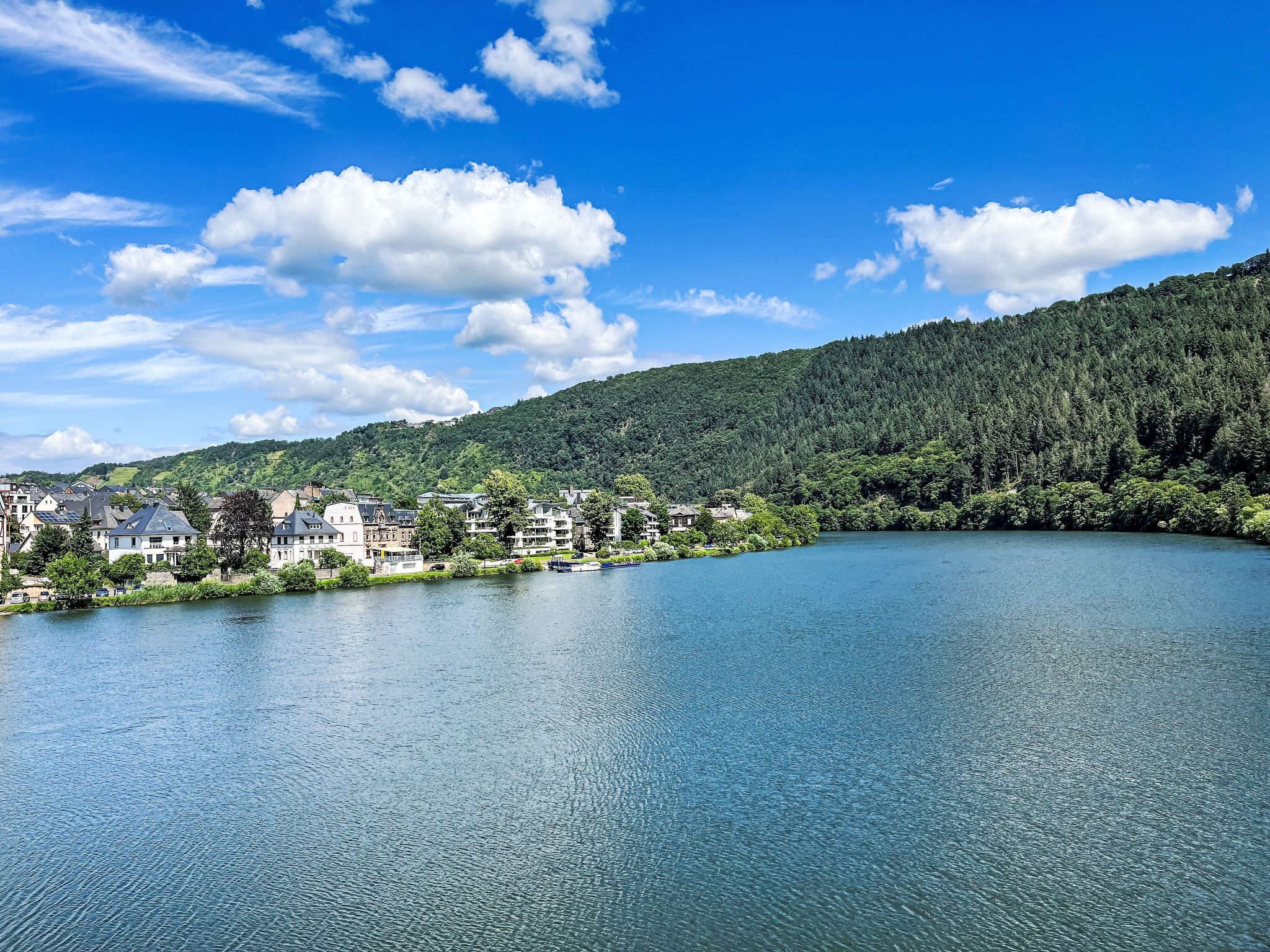 Une ville au bord d’un lac, avec des bâtiments qui bordent la rive, une colline boisée en arrière-plan et un ciel bleu dégagé.