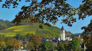 Ein Boot auf einem Fluss, im Hintergrund eine Stadt und eine Kirche.