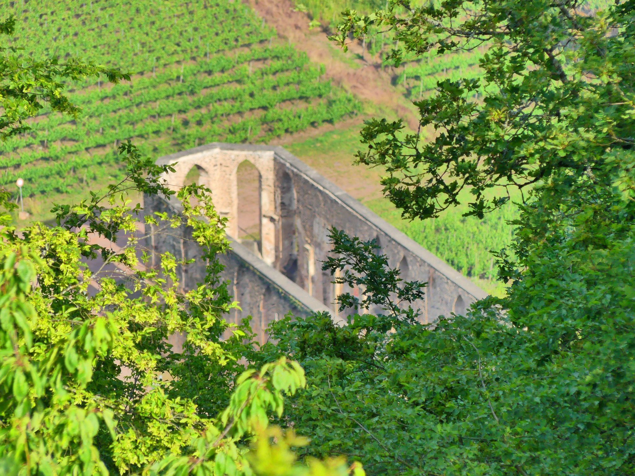 Un puente de piedra con arcos en un paisaje verde y exuberante.