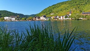 A riverside town with buildings along the water, a church, and hills in the background. - Haus Budinger by Interhome (Alf)