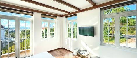 A spacious bedroom with large windows, a bed, a TV, and a small round table.