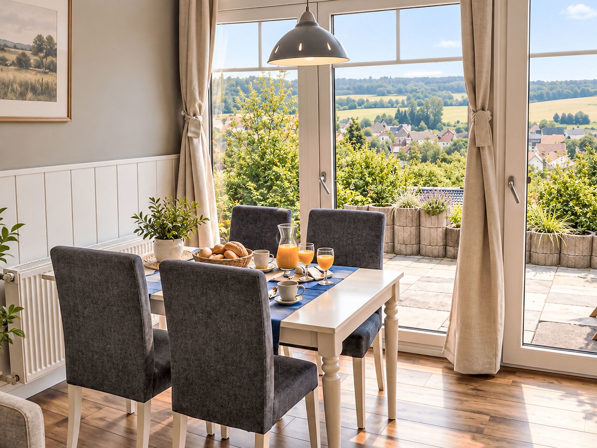 Ein Essbereich mit einem für das Frühstück gedeckten Tisch, Stühlen, einer Pendelleuchte und Blick auf eine ländliche Landschaft durch große Fenster.