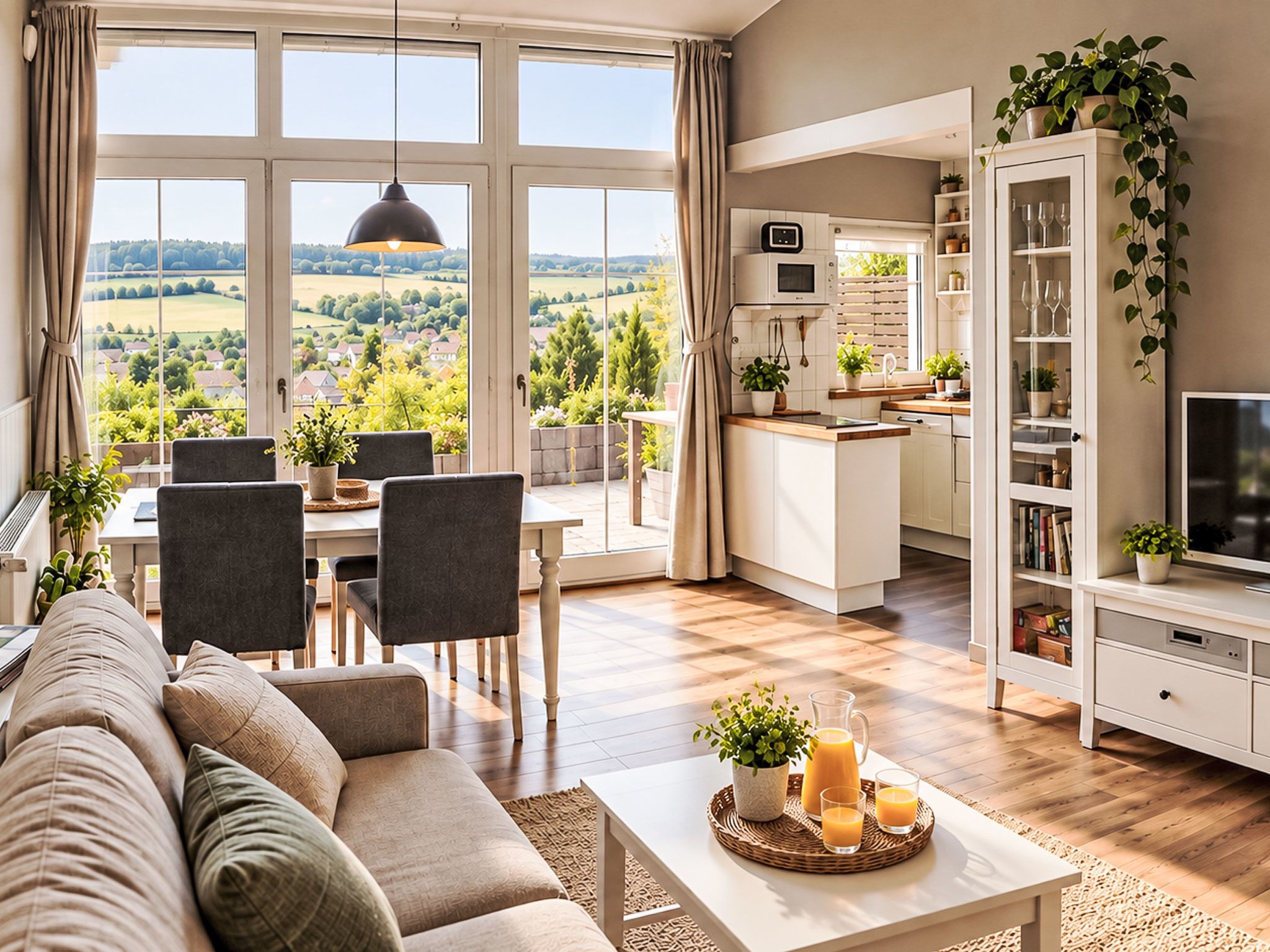 A modern living room with a sofa, dining area, kitchen, and a view of the countryside.
