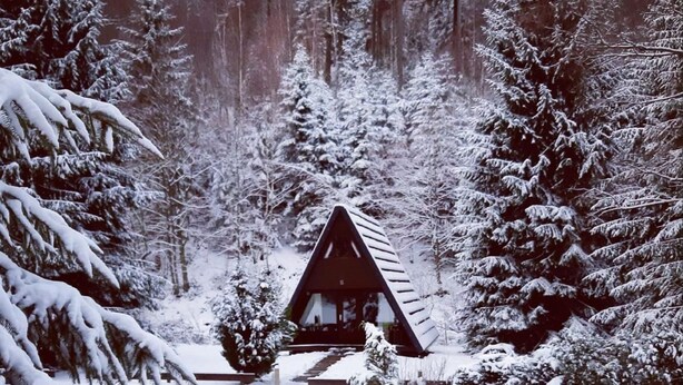 Una cabaña en un bosque nevado con un techo pronunciado, rodeada de árboles cubiertos de nieve.