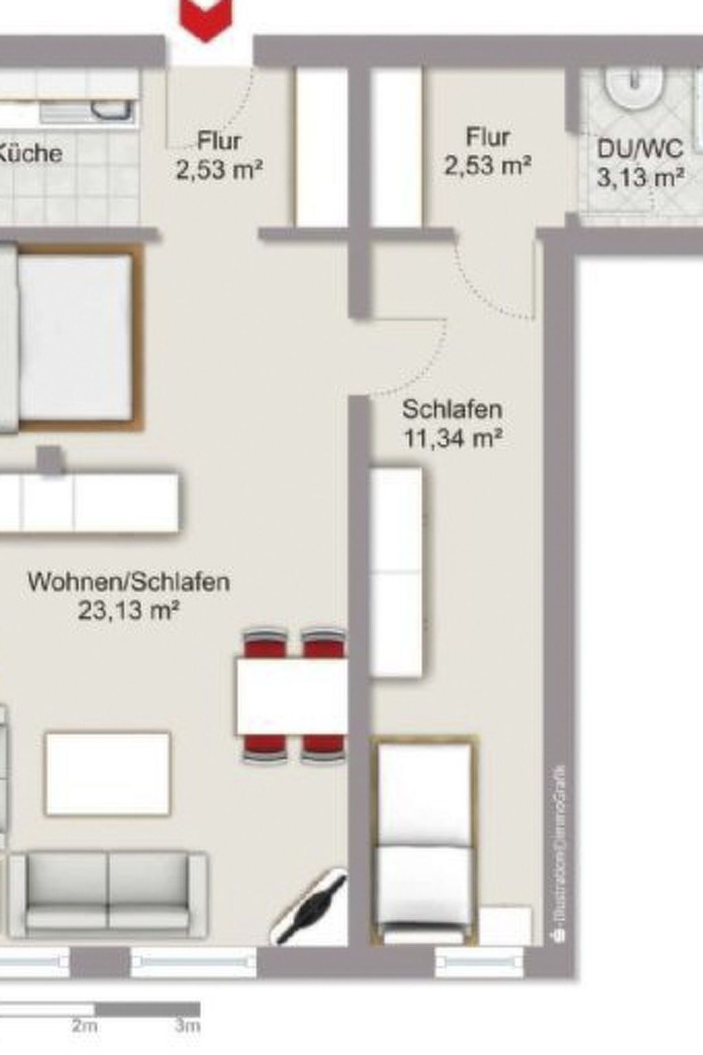 A hotel room layout with a kitchenette, two bathrooms, a living area, and a bedroom.