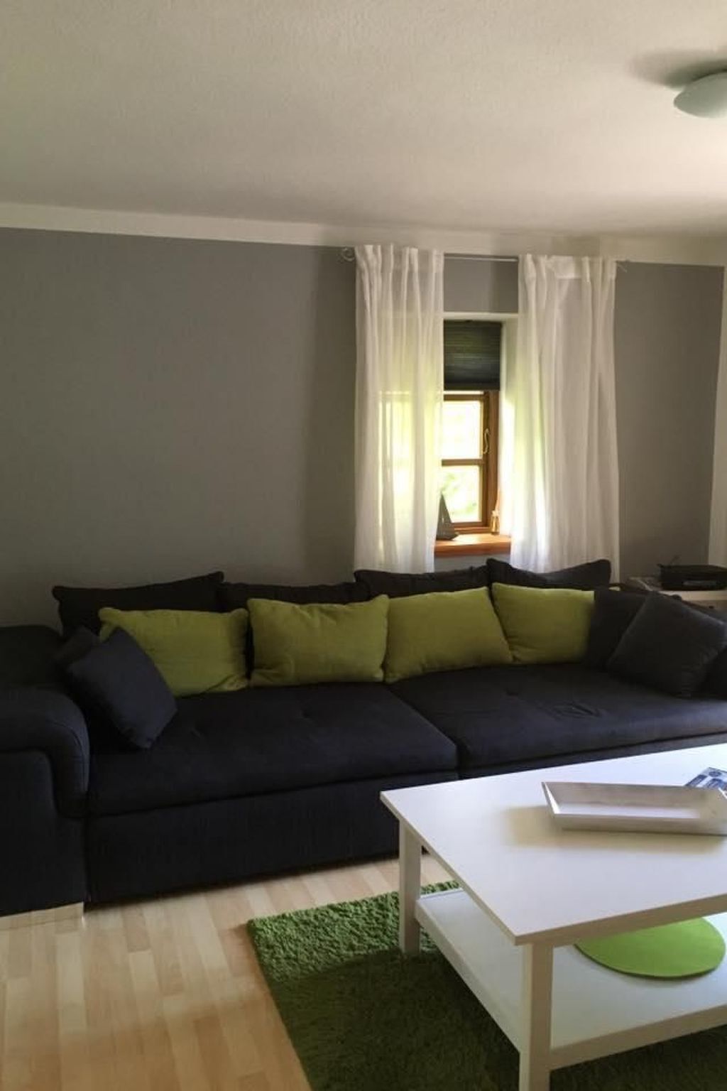 Una sala de estar con un sofá de color oscuro, una mesa de centro blanca y un tapete verde.