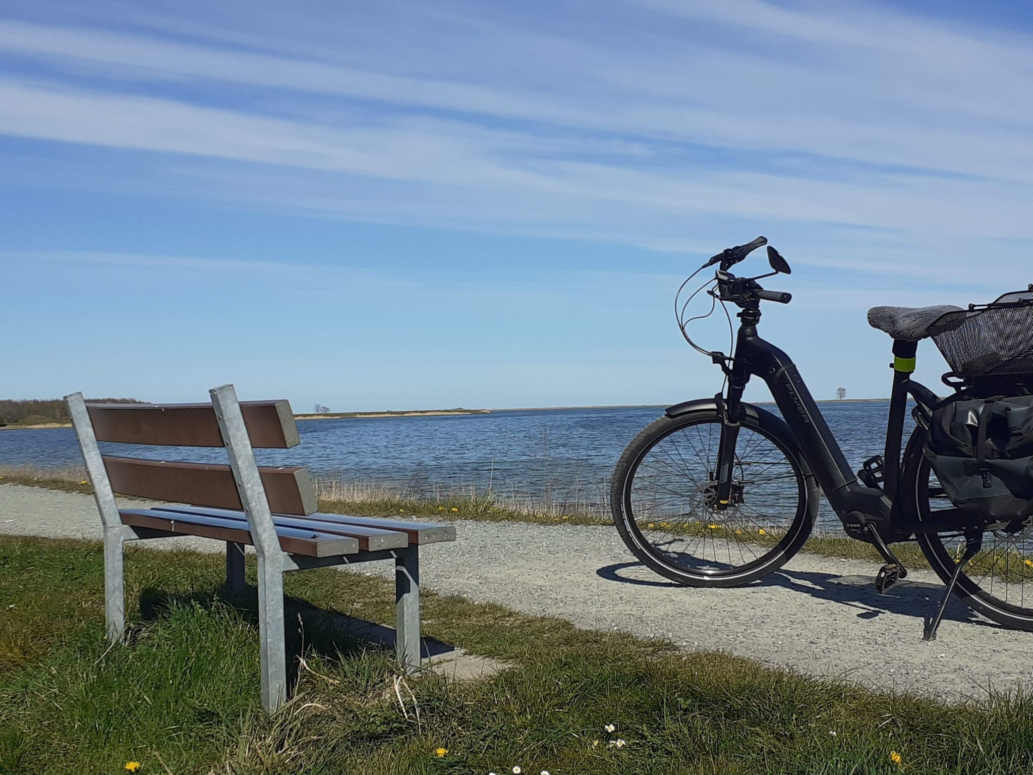 A bench and a bicycle by a lake.
