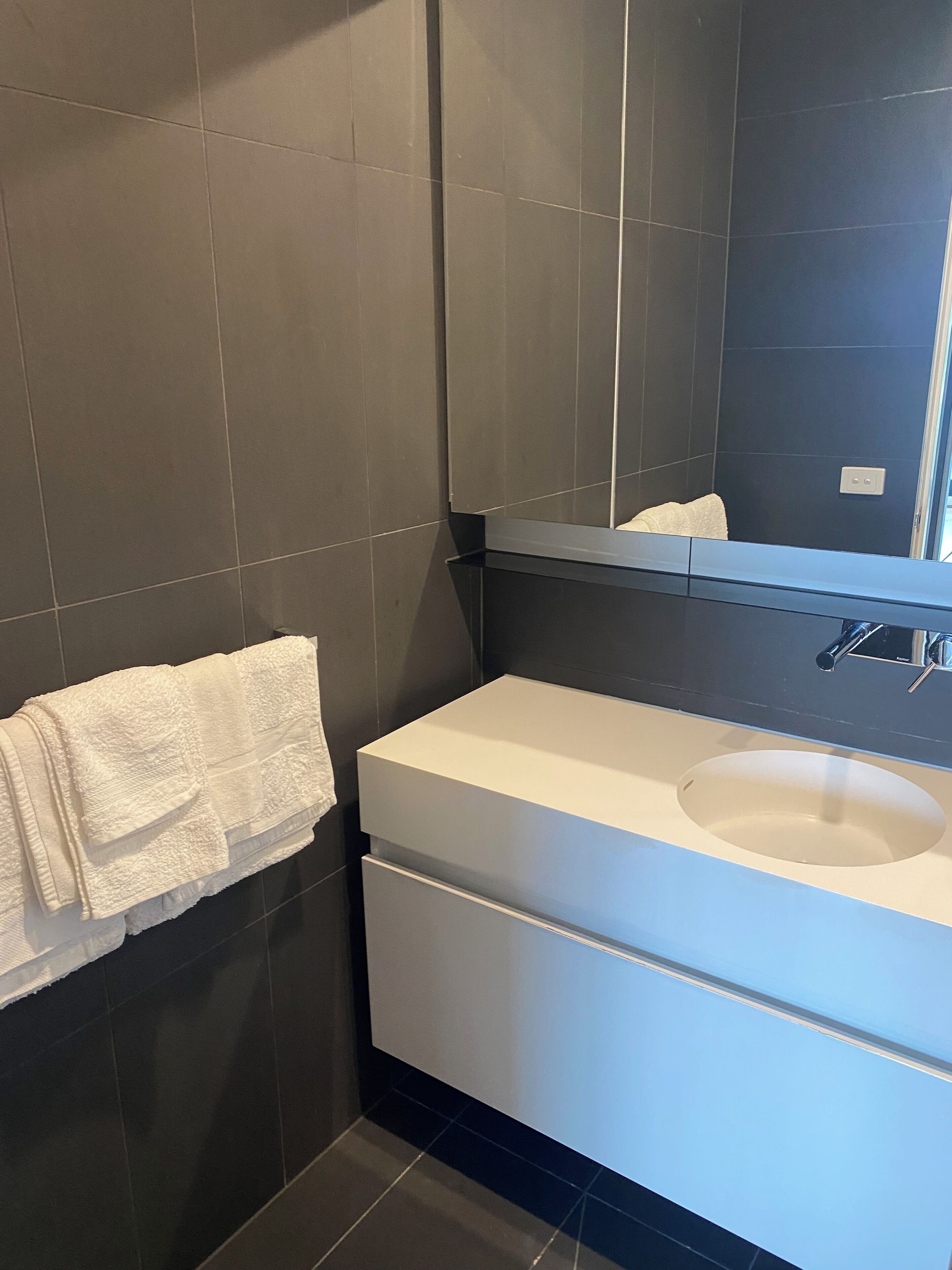 Shower, towels, soap, toilet paper