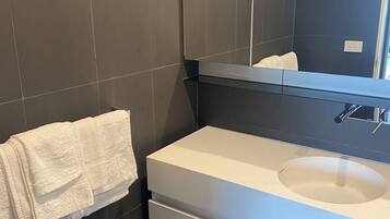 Shower, towels, soap, toilet paper