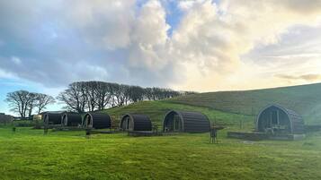 A row of rustic, cylindrical cabins on a grassy hill with a backdrop of trees and a cloudy sky.