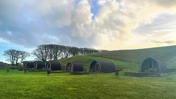 A row of rustic, cylindrical cabins with a grassy field and trees in the background.