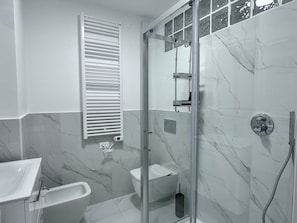 Regadera, secadora de cabello, bidet, toallas