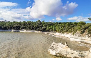 A coastal beach with clear water, a rocky outcrop, and a forested cliff. - Nice home in Meschers-sur-Gironde (Meschers-sur-Gironde)