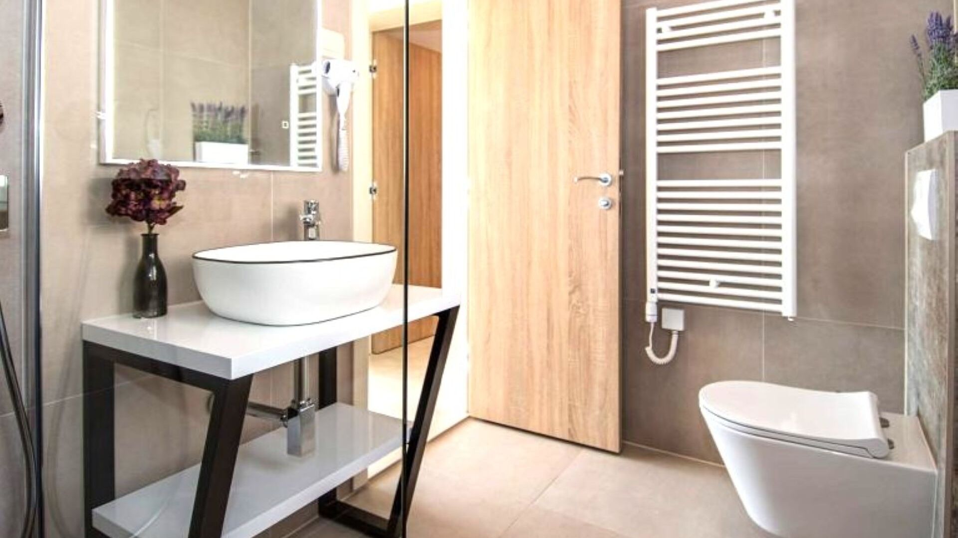Shower, hair dryer, towels