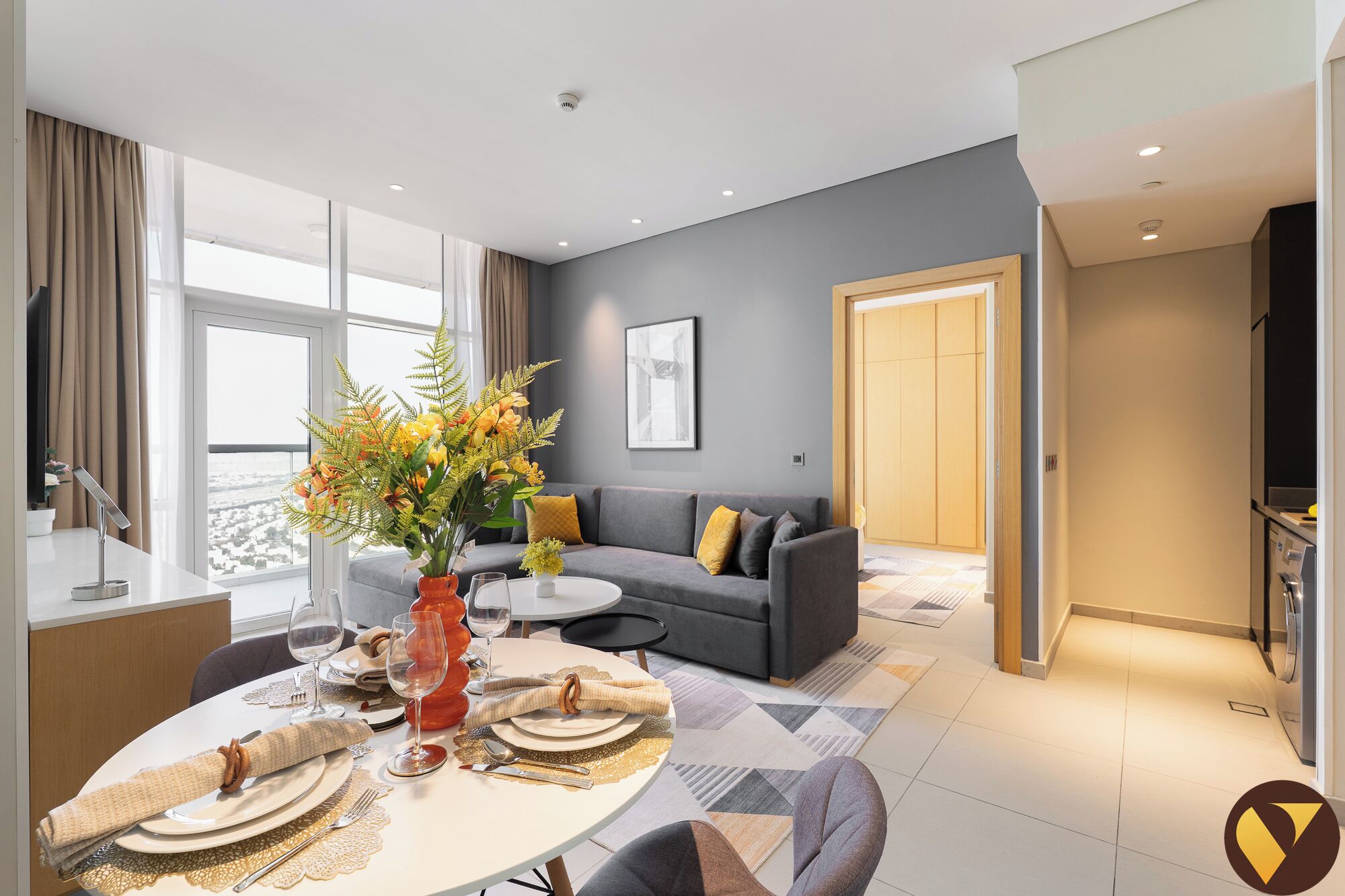 Luxury Apartment, Balcony, City View | Living area | 65-inch Smart TV with cable channels