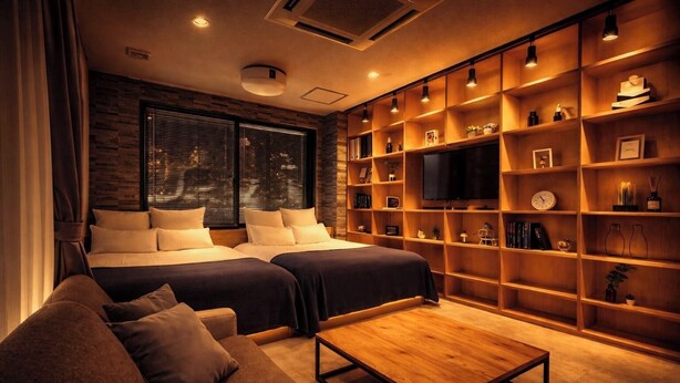 A modern bedroom with two beds, a TV, and a bookshelf. - Fierement inn (Sapporo)