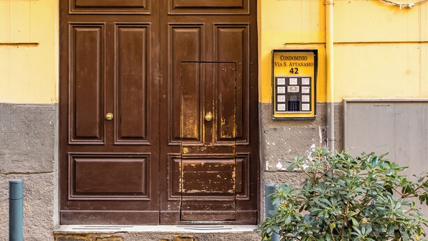 A brown double door with a decorative arch, a potted plant, and a sign with the number 42. - Cozy Escape by Napoliapartments (Naples)