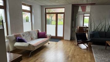 TV connectée, cheminée, livres