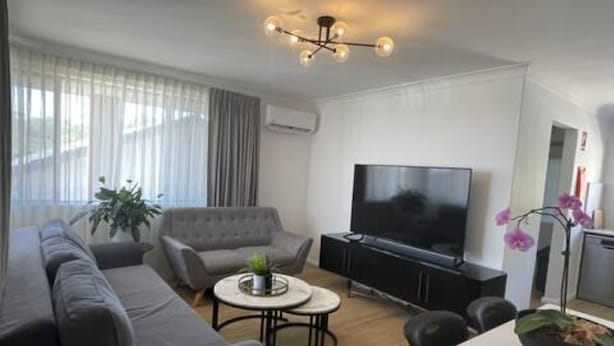 Ein modernes Wohnzimmer mit Sofa, Sessel, Couchtisch, Fernseher und einer Zimmerpflanze.