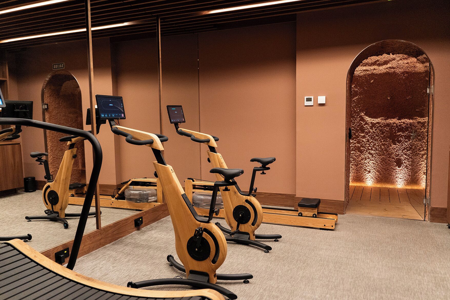 Ein Fitnessraum mit Ergometer, Laufband und Spiegelwand.