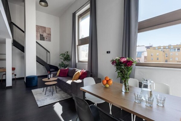 Classic Apartment, City View | Living area - Stylish apartment near Križíkova metro (Prague)