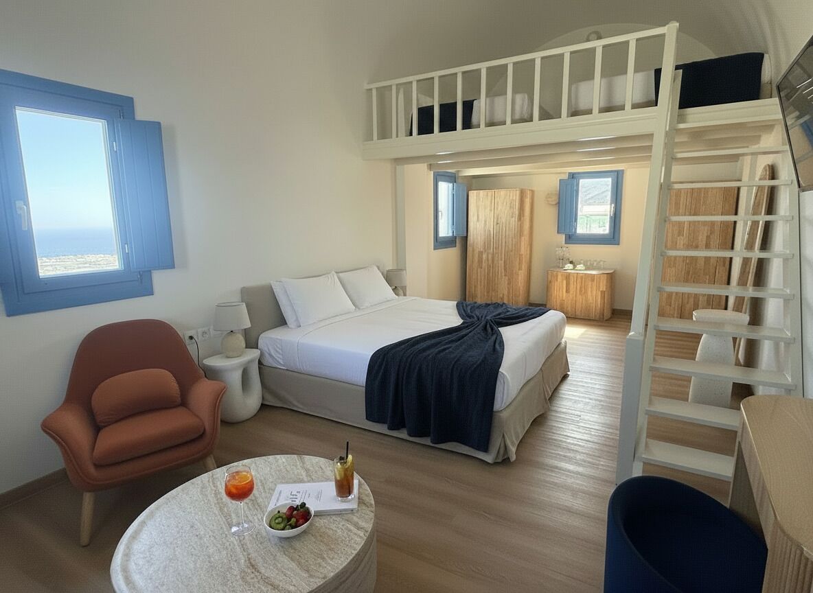 Suite familiar, vistas al mar | Ropa de cama hipoalergénica, caja fuerte, escritorio