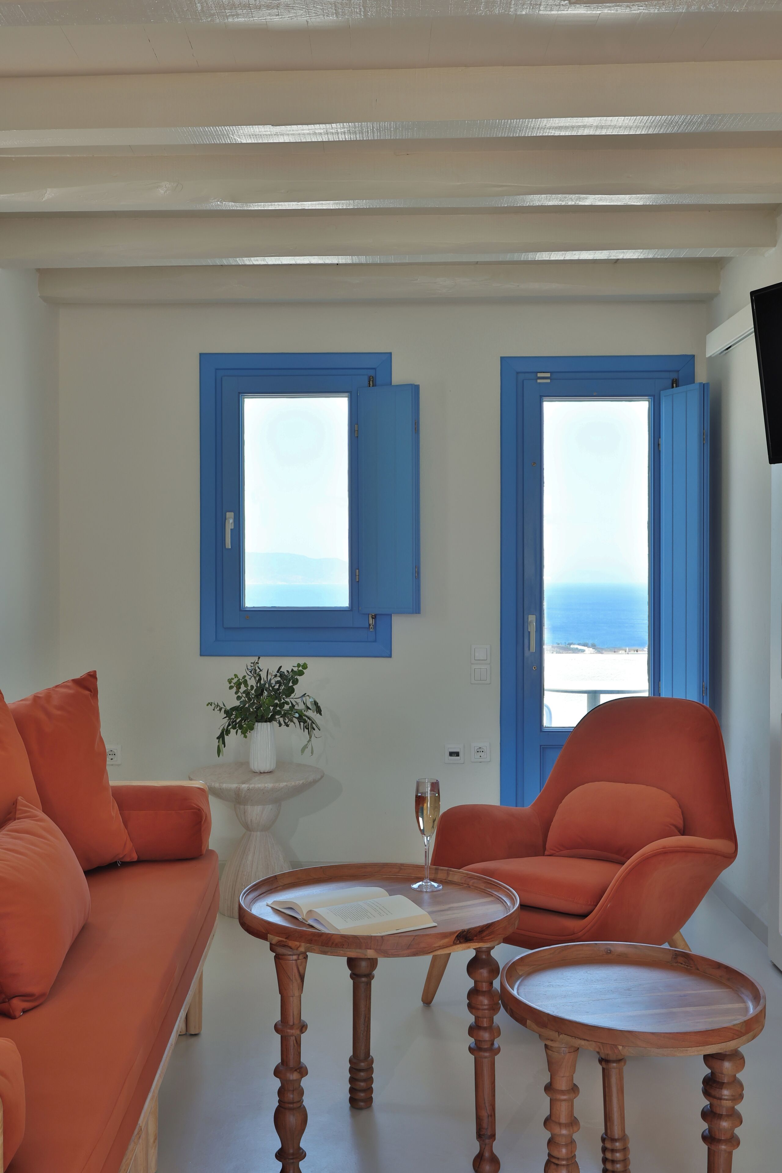 A room with a sofa, a chair, a small table with a book and a glass, and two windows with blue frames.