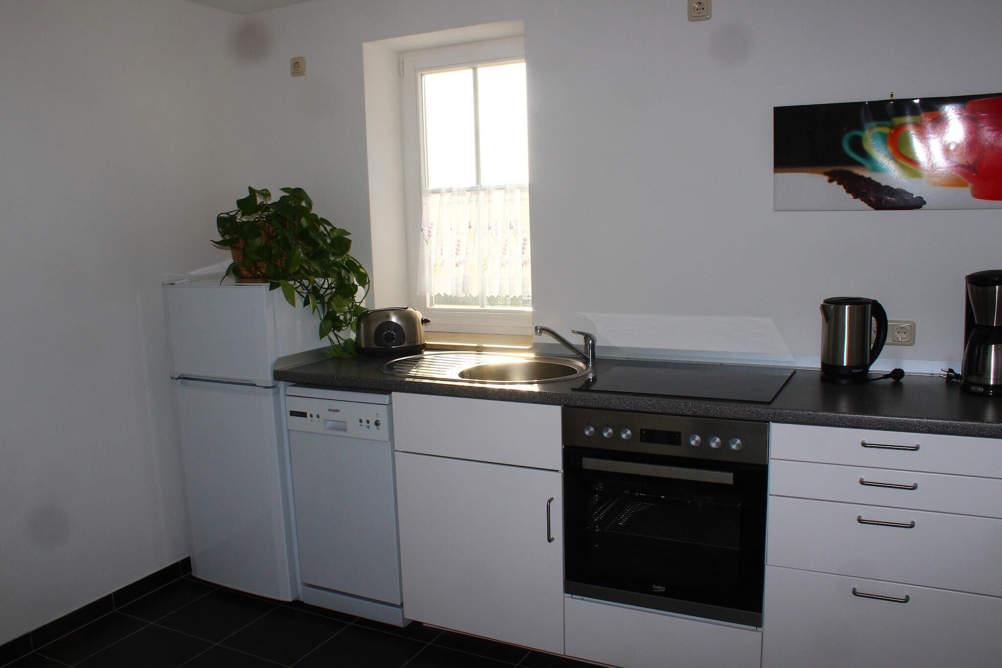 Una cocina compacta con lavavajillas, horno y ventana con cortina.