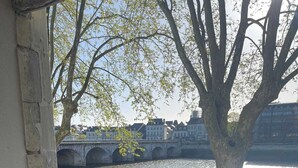 A balcony with a view of a river, a stone bridge, and buildings in the background. - Apartment Quai 75 - 5 stars - Vienna view (Châtellerault)